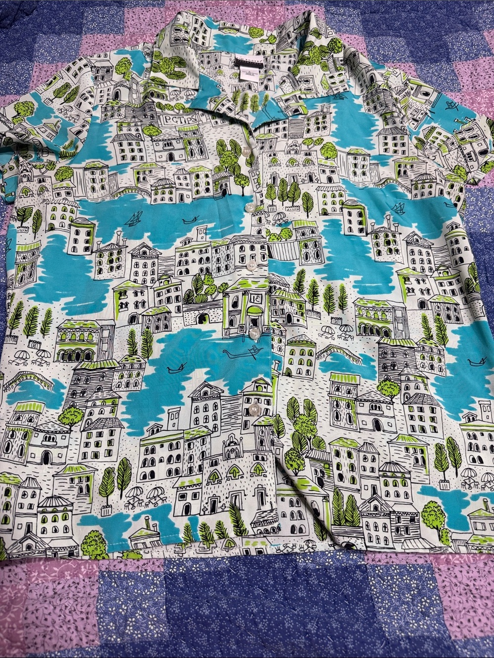 Kim Rogers Essentials Cityscape Print Button-Up — Aqua & Lime